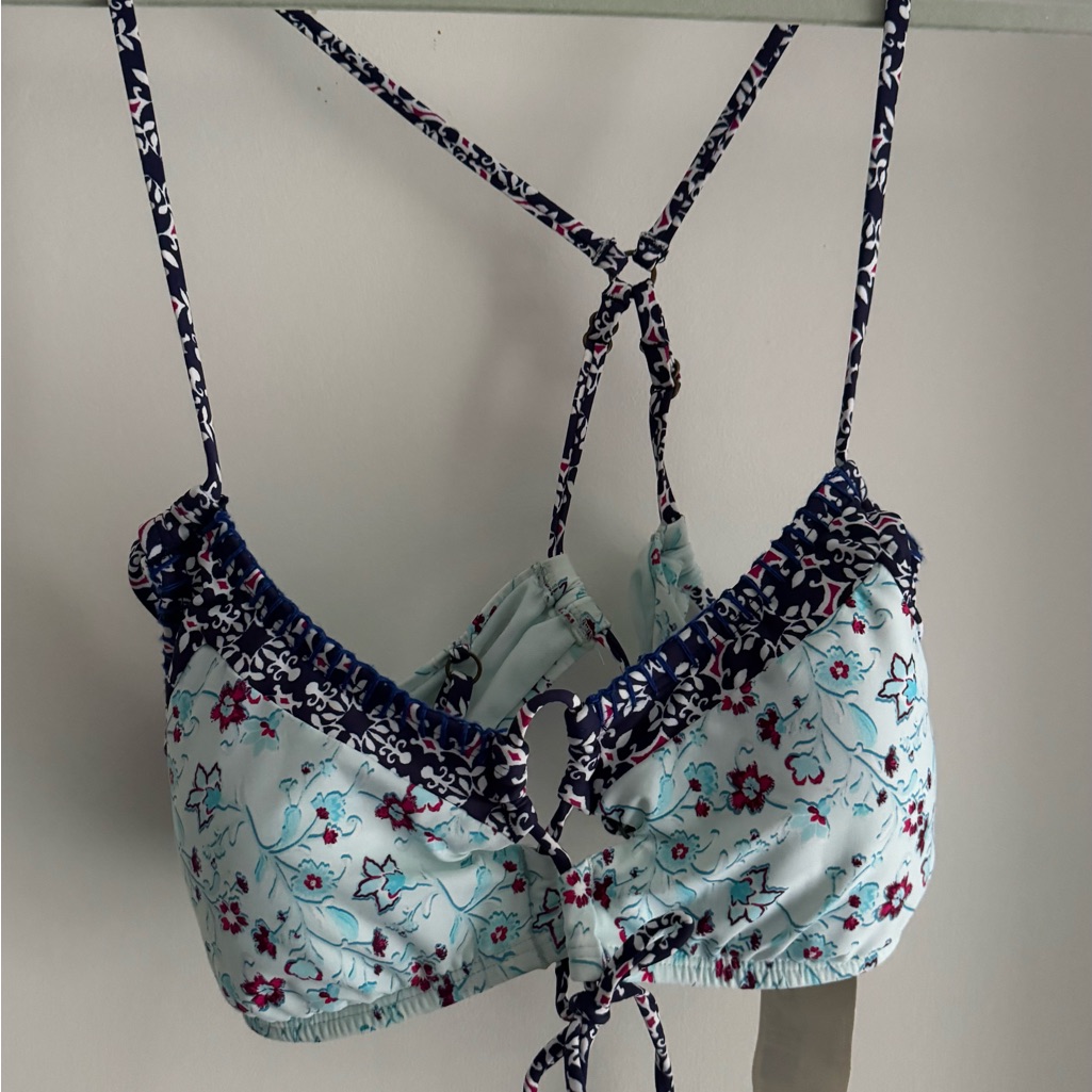 Lucky Brand Light Blue Floral Tie-Back Bandeau With Navy Trim